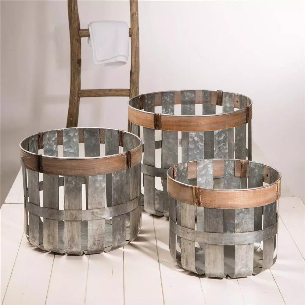 Storage Baskets Glitzhome Farmhouse Slotted Galvanized Metal Storage Basket (Set Of 3) 8 Storage Baskets Glitzhome Farmhouse Slotted Galvanized Metal Storage Basket (Set Of 3) - Image 6