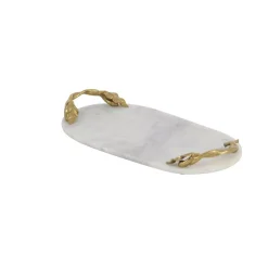 Decorative Trays LITTON LANE 20 In. W X 2 In. H White Marble Oval Decorative Tray With Gold Leaf-and-Vine-Shaped End Handles -Brita shop multi litton lane decorative trays 49640 4f 1000