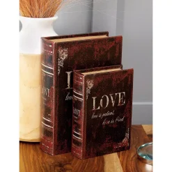 Storage Baskets LITTON LANE Vintage Rectangular Wood And Faux Leather “Love” Book Boxes (Set Of 3)