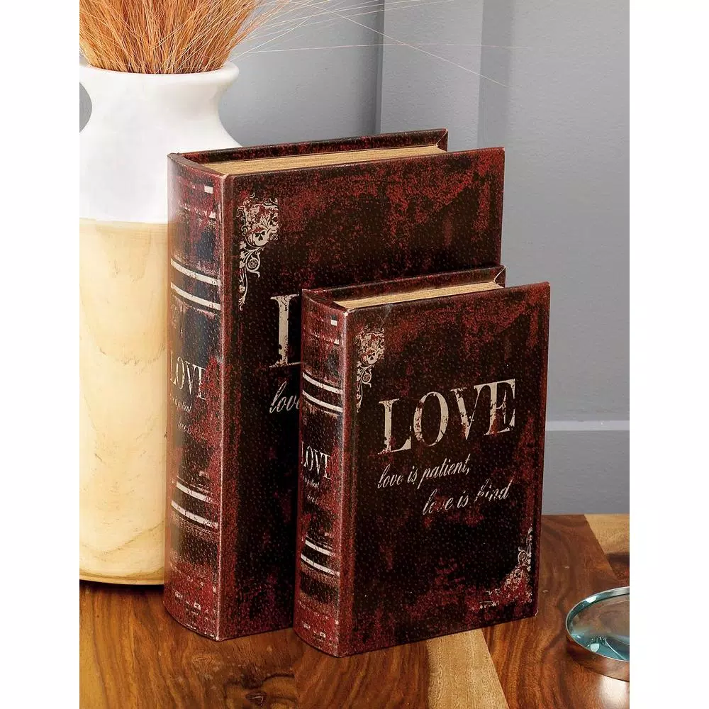 Storage Baskets LITTON LANE Vintage Rectangular Wood And Faux Leather “Love” Book Boxes (Set Of 3) 3 Storage Baskets LITTON LANE Vintage Rectangular Wood And Faux Leather “Love” Book Boxes (Set Of 3)