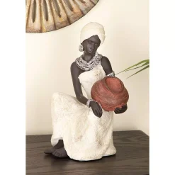 Sculptures LITTON LANE 10 In. African Woman Decorative Figurine In Textured Ebony, Beige, Brick Red, And Silver