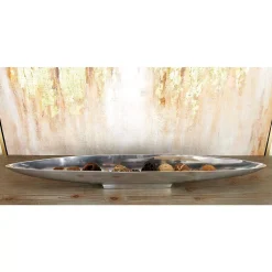 Decorative Trays LITTON LANE 36 In. X 3 In. Polished Silver Aluminum Canoe-Shaped Bowled Tray