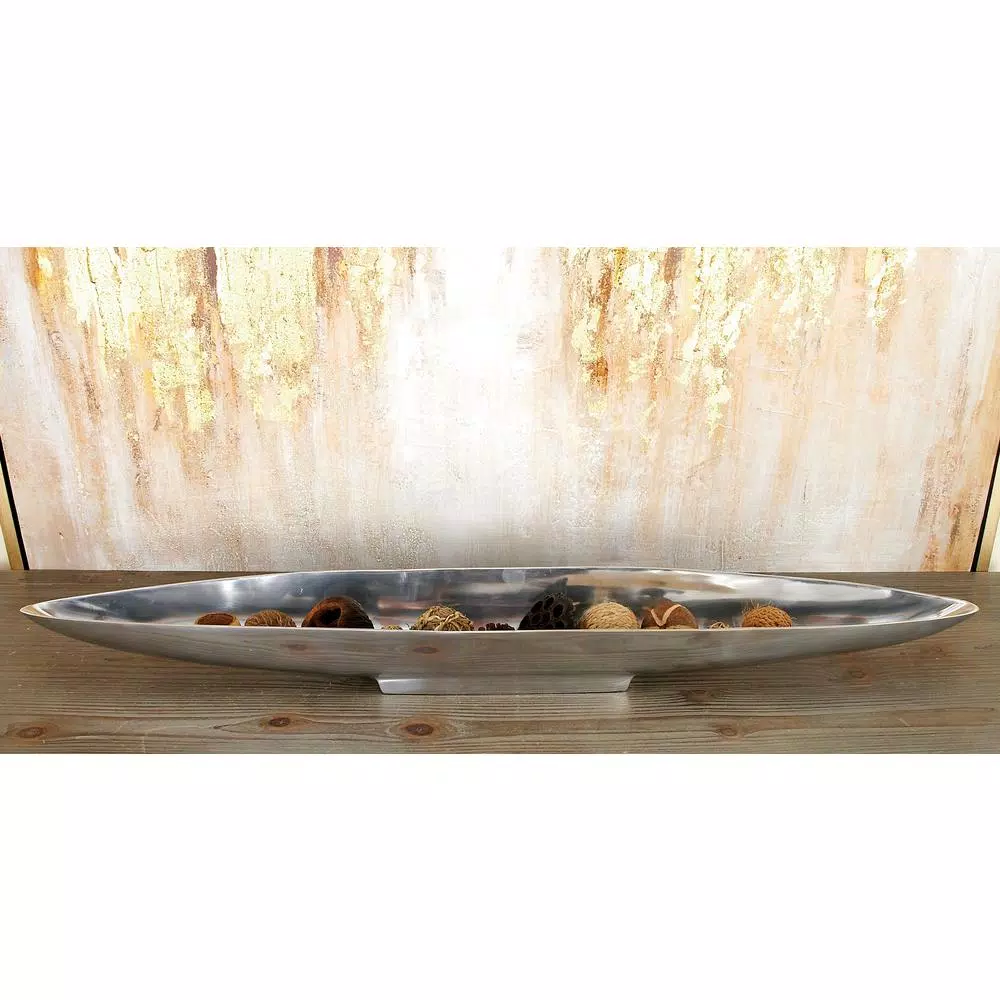 Decorative Trays LITTON LANE 36 In. X 3 In. Polished Silver Aluminum Canoe-Shaped Bowled Tray 3 Decorative Trays LITTON LANE 36 In. X 3 In. Polished Silver Aluminum Canoe-Shaped Bowled Tray