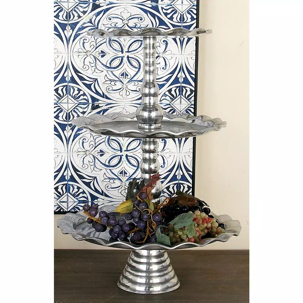Decorative Trays LITTON LANE 24 In. Polished Silver Aluminum 3-Tiered Round Wavy-Ribbon-Rimmed Tray Stand 3 Decorative Trays LITTON LANE 24 In. Polished Silver Aluminum 3-Tiered Round Wavy-Ribbon-Rimmed Tray Stand