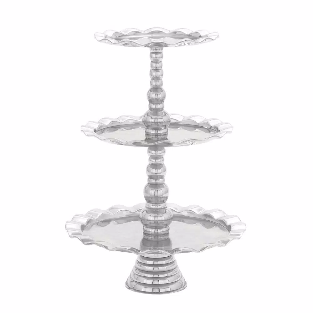 Decorative Trays LITTON LANE 24 In. Polished Silver Aluminum 3-Tiered Round Wavy-Ribbon-Rimmed Tray Stand 4 Decorative Trays LITTON LANE 24 In. Polished Silver Aluminum 3-Tiered Round Wavy-Ribbon-Rimmed Tray Stand - Image 2