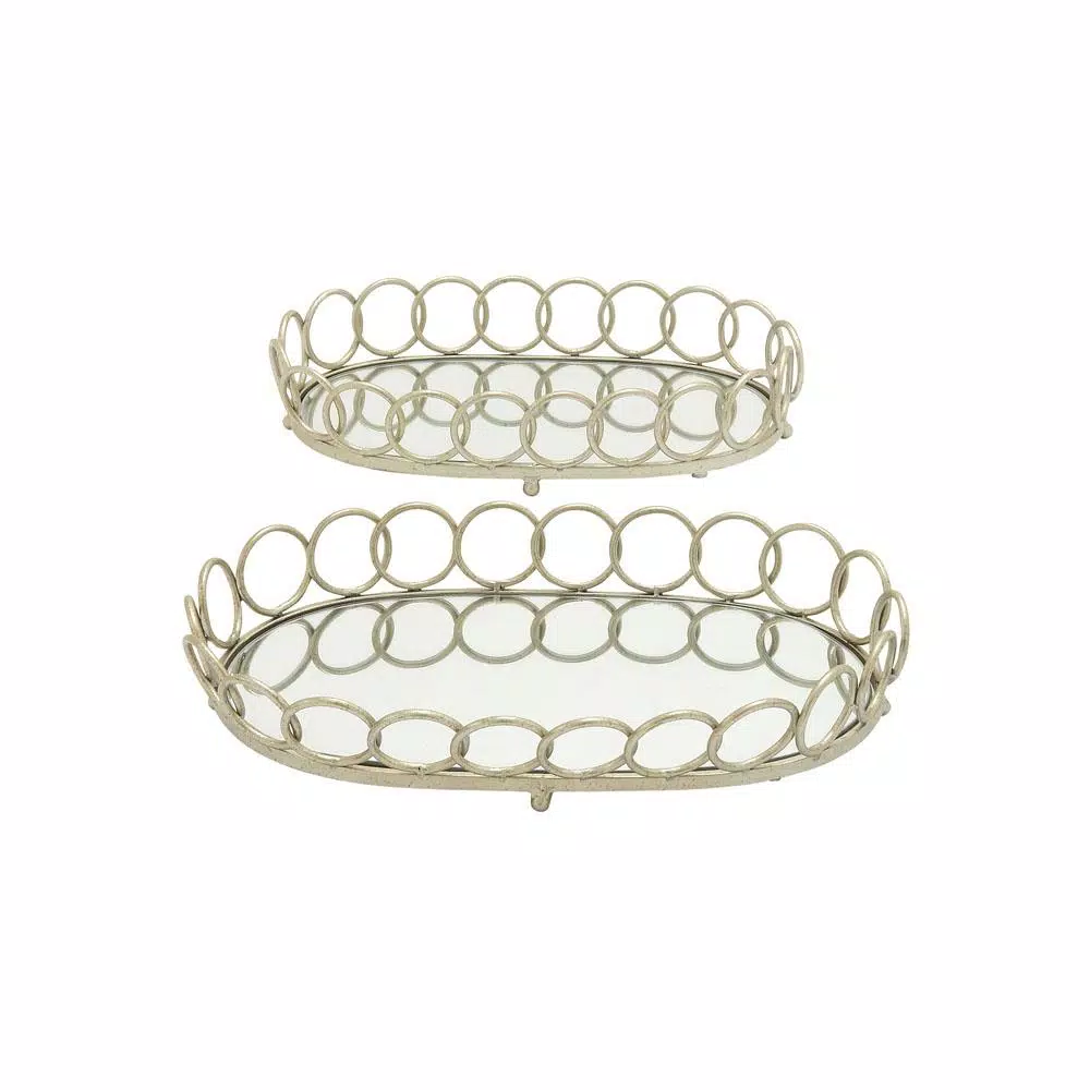 Decorative Trays LITTON LANE Modern Silver Decorative Oval Ring Mirror Trays (Set Of 2) 4 Decorative Trays LITTON LANE Modern Silver Decorative Oval Ring Mirror Trays (Set Of 2) - Image 2