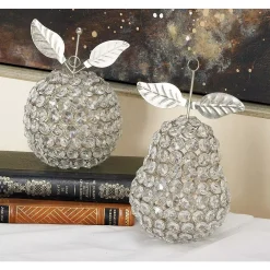 Sculptures LITTON LANE 7 In. Silver Metal And Acrylic Rhinestone Apple And Pear Decor (Set Of 2)