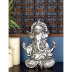 Sculptures LITTON LANE 16 In. X 12 In. Antique Silver Sitting Ganesh Sculpture With Patterned Detailing -Brita shop silver litton lane sculptures 44158 31 1000