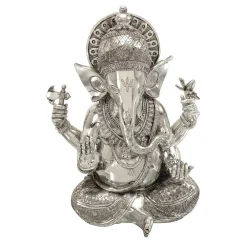 Sculptures LITTON LANE 16 In. X 12 In. Antique Silver Sitting Ganesh Sculpture With Patterned Detailing
