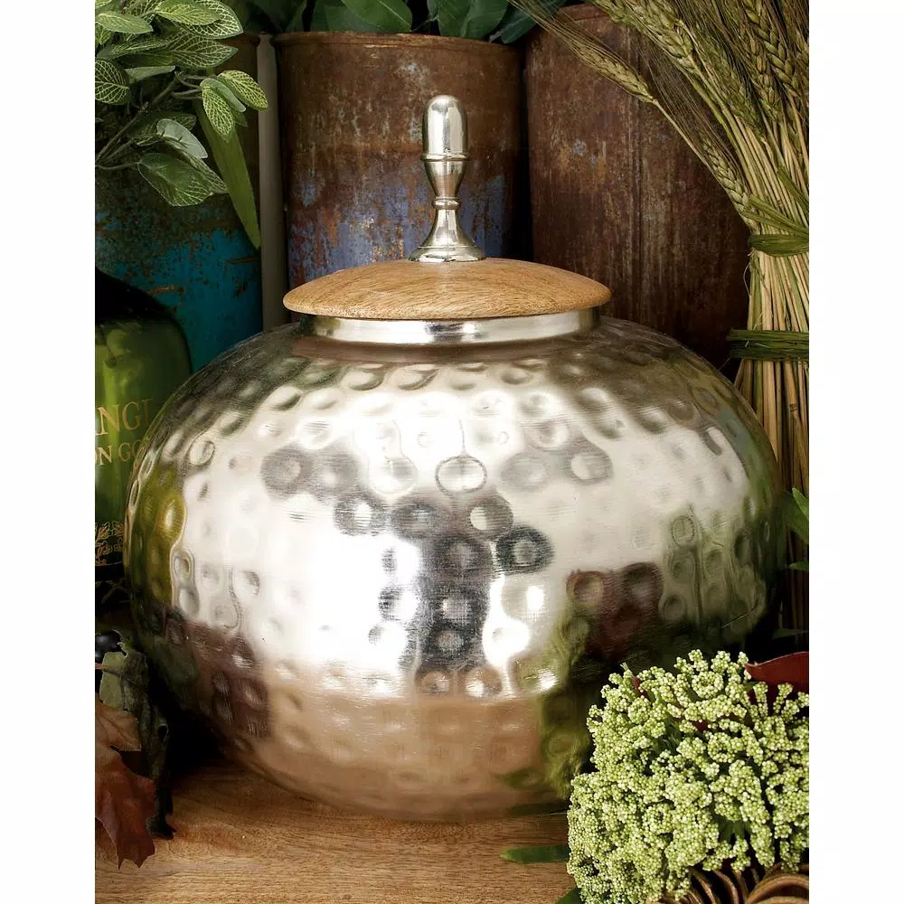 Vases LITTON LANE 12 In. Silver Iron Urn-Type Squat Round Jar With Circular Oak Brown Wood Lid 3 Vases LITTON LANE 12 In. Silver Iron Urn-Type Squat Round Jar With Circular Oak Brown Wood Lid