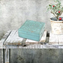 Storage Baskets Stonebriar Collection 6 In. X 2.5 In. Weathered Sky Blue Wooden Box With Hinges And Carved Floral Design