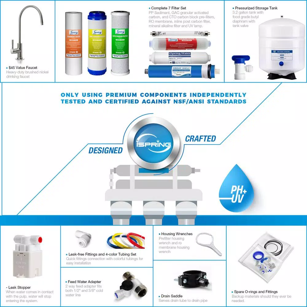 Water Filtration Systems ISPRING 7-Stage Under-Sink Reverse Osmosis RO Drinking Water Filtration System With Alkaline Filter And UV Filter, NSF Certified 8 Water Filtration Systems ISPRING 7-Stage Under-Sink Reverse Osmosis RO Drinking Water Filtration System With Alkaline Filter And UV Filter, NSF Certified - Image 6