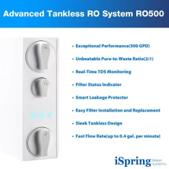 Water Filtration Systems ISPRING Tankless Reverse Osmosis Water Filtration System, Smart Faucet, 2:1 Pure To Drain Ratio, 500 GPD -Brita shop white ispring reverse osmosis systems ro500 c3 1000
