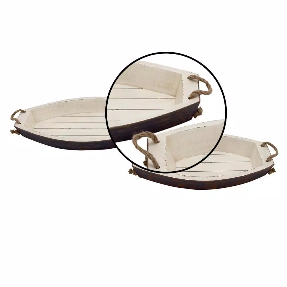 LITTON LANE Distressed White Wooden Boat-Shaped Decorative Trays (Set Of 2) 5 LITTON LANE Distressed White Wooden Boat-Shaped Decorative Trays (Set Of 2) - Image 3