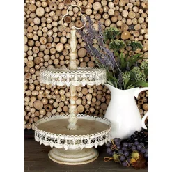 Decorative Trays LITTON LANE 24 In. 2-Tiered Round Whitewashed And Rust Brown Iron Tray Stand With Cutout Bunting Overhang