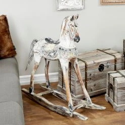 Sculptures LITTON LANE Handmade Vintage Beige And Black Wooden Rocking Horse With Ornamental Red And Yellow Saddle -Brita shop white litton lane sculptures 62811 31 1000