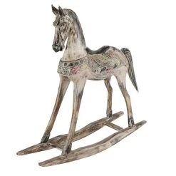 Sculptures LITTON LANE Handmade Vintage Beige And Black Wooden Rocking Horse With Ornamental Red And Yellow Saddle